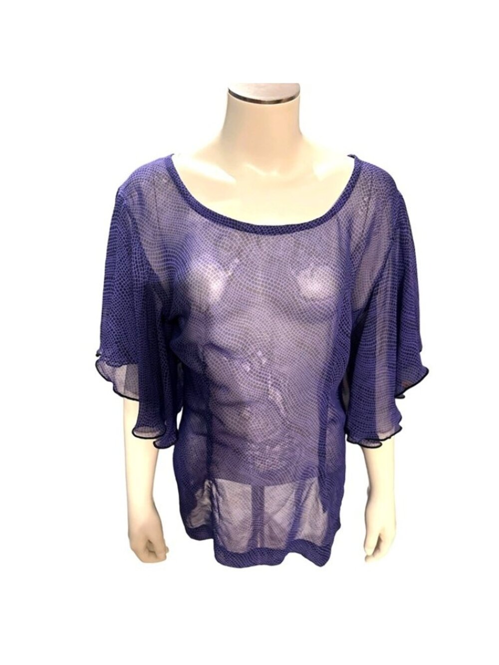 Purple Polka Dot Flow Sleeve Blouse Sheer Loose Fit Trendy Resort Vacation Beach
